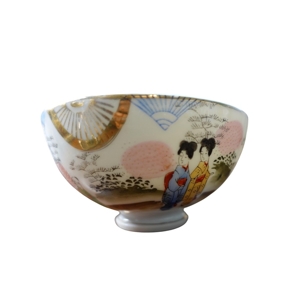 Vintage Japanese Kutani Eggshell Porcelain Bowl Geisha Mt Fuji Moriage Gold 5.5"